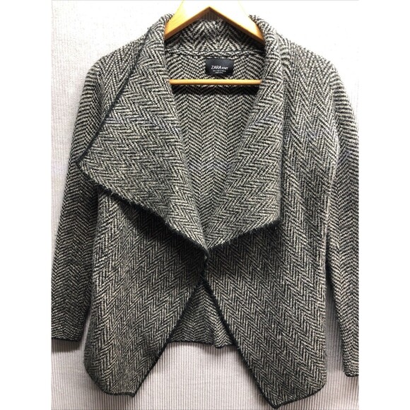Zara Knit Cardigan Size Small Tan Black Chevron Open Waterfall Front - Picture 1 of 13